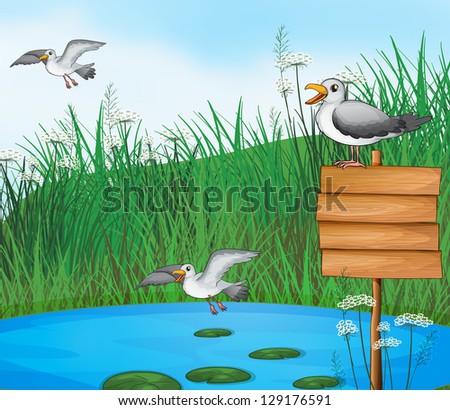 Illustration of the three birds at the pond with a signboard