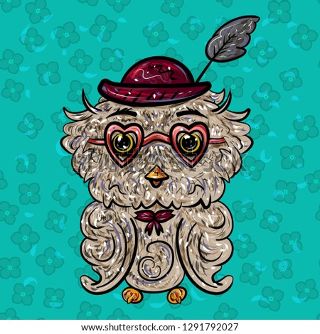 Owl in a hat with a feather and glasses with hearts. Valentines Day. Cartoon vector illustration on a green background with flower