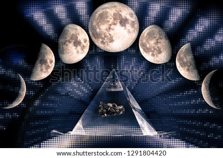 
Phases of the Moon: waxing crescent, first quarter, waxing gibbous, full moon, waning gibbous, third guarter, waning crescent, new moon. Sacred geometry, The elements of this image furnished by NASA.