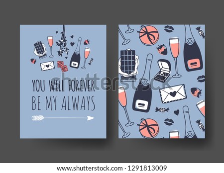 Set of Hand drawn Templates Fashion Cards with Romantic Objects and quote. Creative ink art work. Actual vector drawing of Holiday things. Happy Valentine's Day Illustration