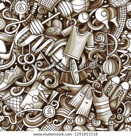 Sports hand drawn doodles seamless pattern. Monochrome, detailed, with lots of objects vector background