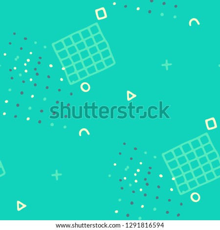 Modern Memphis Pattern. Seamless Background for Card, Banner, Cover in Trendy Style. Bright Geometric Pattern with Hand Drawn Scribble Elements. Colorful Triangles, Rings, Zigzags and Dots.
