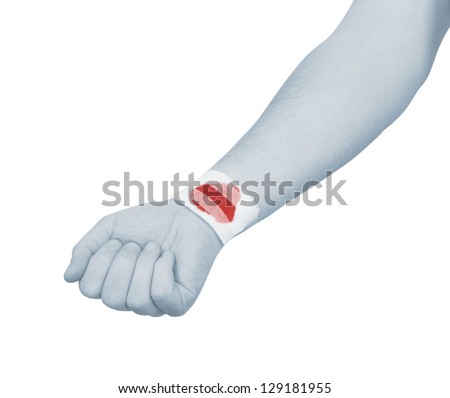 Band-aid on hand isloated on white background. Pain concept photo with Color Enhanced skin.