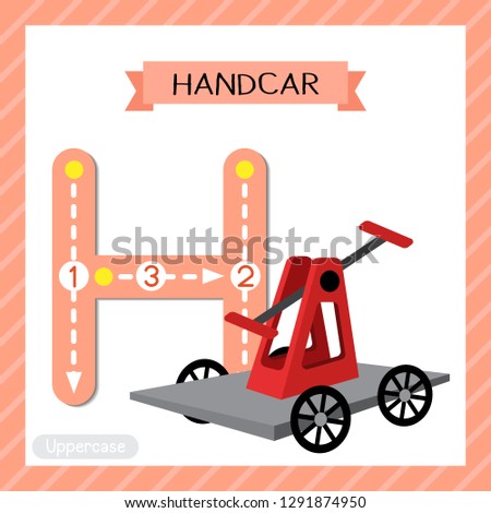 Letter H uppercase cute children colorful transportations ABC alphabet tracing flashcard of Handcar for kids learning English vocabulary and handwriting Vector Illustration.