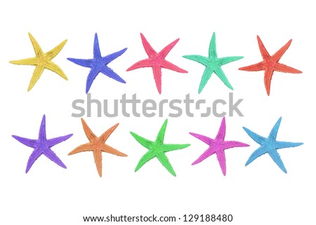 ten starfish in different colors, pink, green, blue, turquoise, purple, beige, red and yellow on a white background