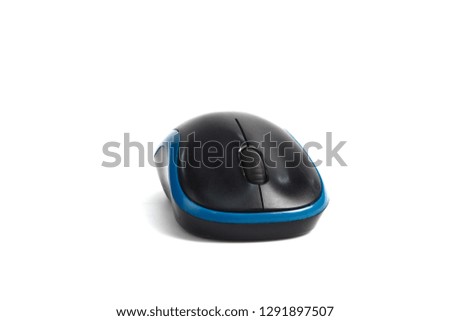 The black wireless mouse is placed on a white background.