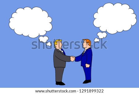 Two men shaking hands while holding different ideas