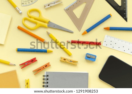 mockup image.office equipment on desk table.blank yellow background empty copy space for text design studio creativity ideas for study,education,business modern accessories at workplace.blogging,blog 
