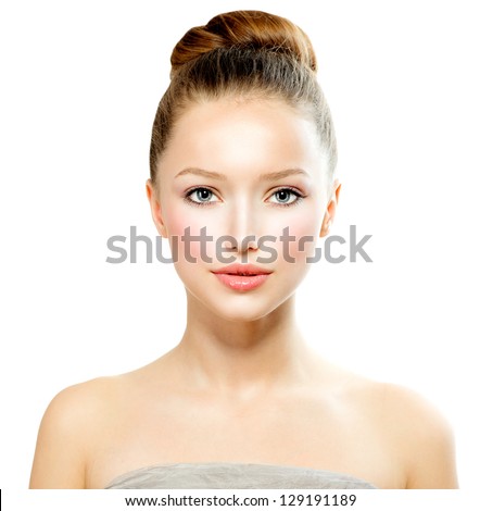 Beauty Girl. Beautiful Young Woman with Fresh Clean Skin, Beautiful Face. Pure Natural Beauty. Perfect Skin. Isolated on a White Background. Front Portrait of Beauty Girl. Youth