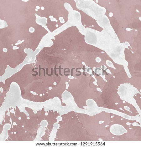 Luxury rose gold and white metal paint splatter effect on watercolor paper background. Pink gold glitter splash texture. Beautiful feminine backdrop.