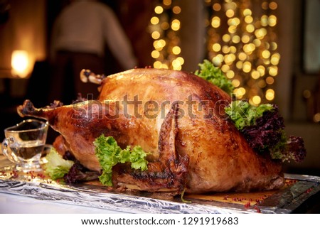Appetizing baked turkey close-up on a background of bright bokeh.