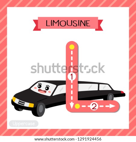 Letter L uppercase cute children colorful transportations ABC alphabet tracing flashcard of Limousine for kids learning English vocabulary and handwriting Vector Illustration.