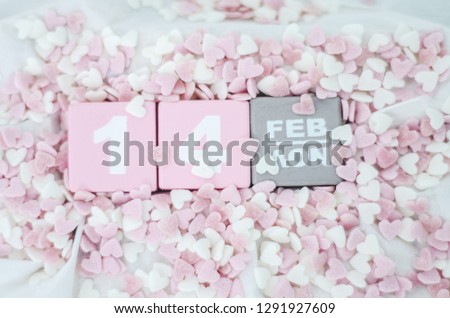 Pink square wood with white numbers 1 and 4.Gray square wood with white letters FEB.February 14 Valentine's Day