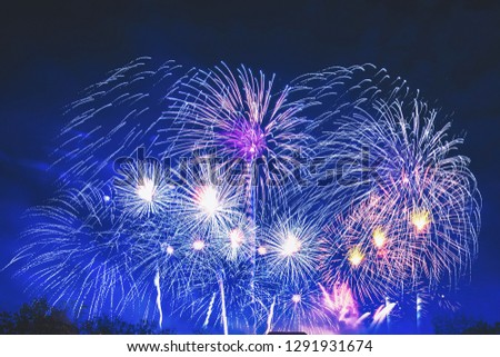 Brightly Colorful Fireworks on twilight background.Abstract colored firework background with free space for text.Colorful firework with copy space for New Year celebration, Abstract holiday background