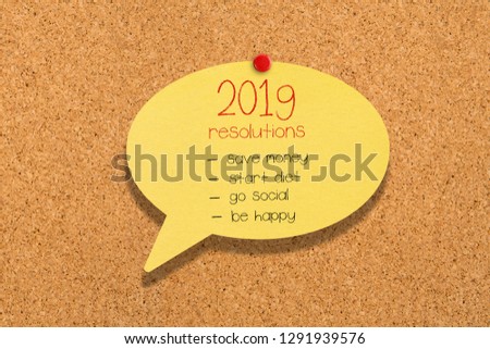 Sticky note pinned on bulletin board, 2019 Resolutions