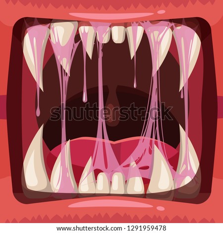 Predatory jaws of a fantastic horrible scary monster with slime , drooling, green mucus. Glue Jelly The substance is sticky, tension, elasticity. Cartoon style, vector, banner template, isolated.