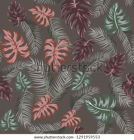 Brown and gray tropical palm leaves, monstera seamless pattern on the taup background. Flat vector wallpaper