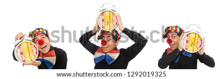 Funny clown with clock isolated on white