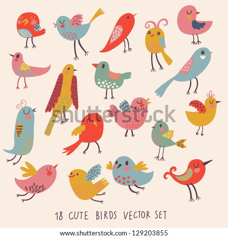 Cute birds in vector. Cartoon set