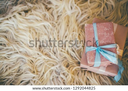 Pair of Christmas gifts wrapped in pink and blue ribbons laying on the fluffy rug