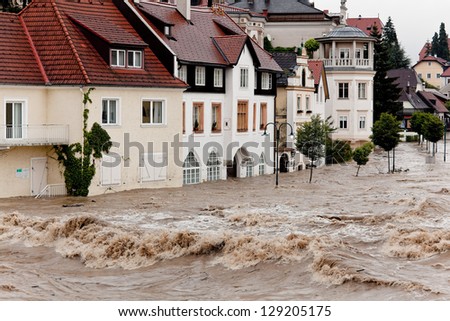 floods and flooding the streets in steyr, austria