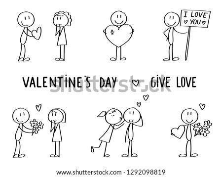 Set of stick man figures for the Valentine's day, kissing, giving love, being in love.  Royalty-Free Stock Photo #1292098819