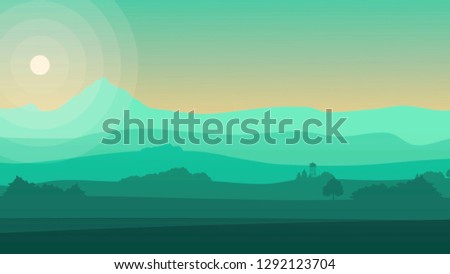 Animation landscape with mountains, hills, sky and a sun. Animation of a beautiful silhouette landscape background, with mountains range, sky and sunset