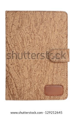 Portable e-book reader brown leather cover with magnetic binder isolated on white background with clipping path