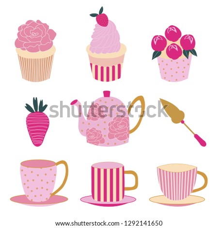Clip art set of delicious cupcakes, a chocolate covered strawberry, teapot, teacups, and a cake server for a lovely afternoon tea party. Vector file.