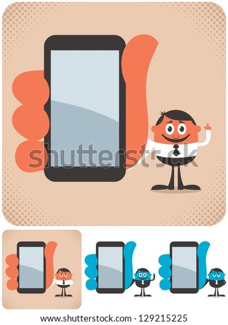 Holding Smartphone: Businessman showing you something on his smartphone. The illustration is in 4 versions. No transparency and gradients used.