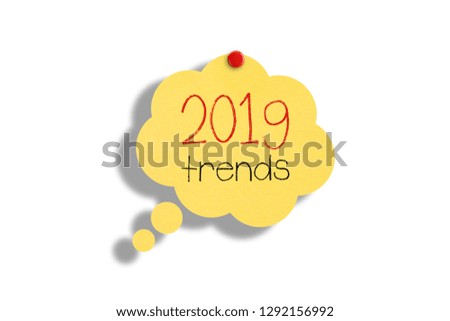Sticky note pinned on white background, 2019 Trends
