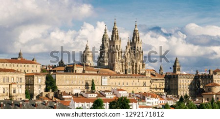 Santiago de Compostela panoramic view and the amazing Cathedral with the new restored facade. Camino de Santiago, Galicia Spain