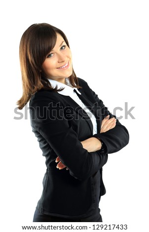 Portrait of young smiling business woman, isolated on white background