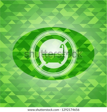 bathtub icon inside realistic green emblem. Mosaic background