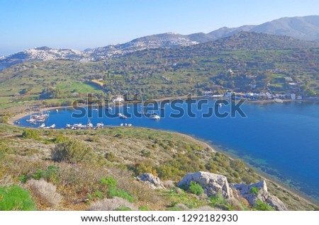 landscape view of Bodrum Gumusluk (Myndos) bay and rabbit island in Turkey from an hill covered with thorn bushes and wild plants.

