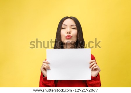girl holds a white sheet in hands, an office worker shows a blank sheet.