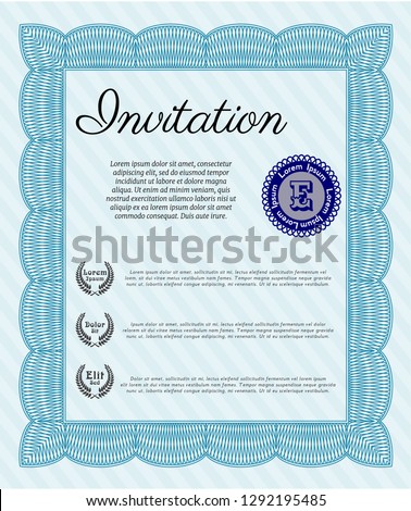 Light blue Vintage invitation. Superior design. Customizable, Easy to edit and change colors. With guilloche pattern and background. 
