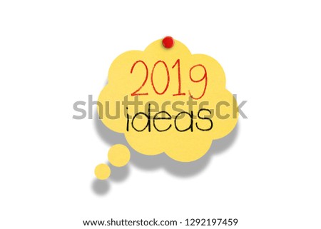 Sticky note pinned on white background, 2019 ideas