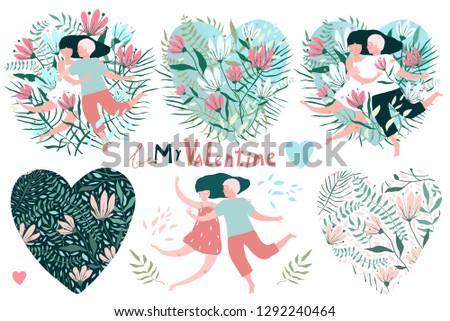 Romantic Valentine collection flowers and lovers. Big clip art vintage flowers and couples set for Valetines Day.