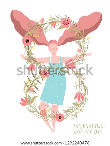 8th of March Women Day Girl Flowers Card. Holiday Women Day Flowers design with girl.