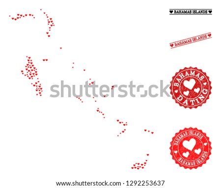 Mosaic map of Bahamas Islands designed with red love hearts, and grunge watermarks for Valentines day. Vector lovely geographic abstraction of map of Bahamas Islands with red romantic symbols.