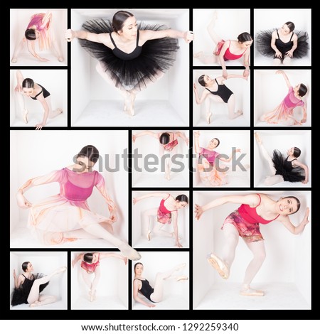 White box series Teenage female ballet dancer poses in a white box in tutu, leotard or comtemporary outift. Collage using multiple photoshop layers, masks and templates, borders and grid. Inspire