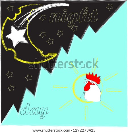 Good Night and Sweet Dreams.Good Night and Good Morning.Day and Night.Nature scene with moon,stars,rooster and sun.Nature.