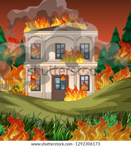 Fire destroy mansion background illustration