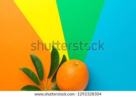 Ripe bright juicy orange tropical plant leaf on rainbow multicolored pinwheel striped sunburst background. Healthy food clean eating balanced diet superfoods vitamins concept. Copy space