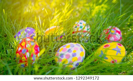 7 eggs decorated with bright colors Placed in a lawn with beautiful sunshine. Easter concept.