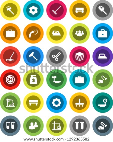 White Solid Icon Set- scraper vector, vacuum cleaner, rake, iron, steaming, case, big scales, group, vial, scissors, data, gear, bench, construction crane, money bag, 24 hour