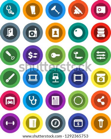 White Solid Icon Set- scraper vector, trash bin, measuring cup, whisk, rolling pin, double boiler, pen, compass, personal information, exchange, safe, dollar calendar, barbell, fitball, molecule
