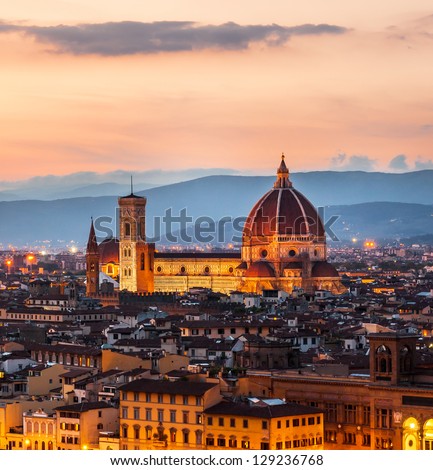 Cathedral of Santa Maria del Fiore (Duomo) at dusk, Florence, Italy Royalty-Free Stock Photo #129236768