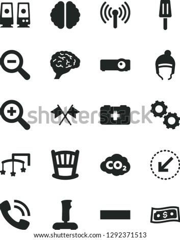 Solid Black Vector Icon Set - zoom vector, out, minus, cradle, toys over the cot, bag of a paramedic, winter hat, left bottom arrow, popsicle, carbon dyoxide, phone call, pc speaker, wireless, brain